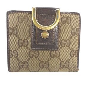 Gucci Abbey D-Ring Compact Monogram Canvas Leather Bifold Wallet‎ Brown Gold